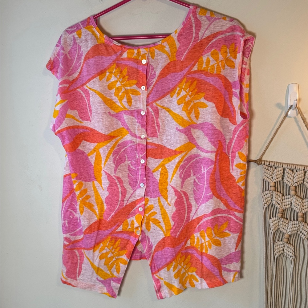 EUC C&C California 100% Linen Pink Tropical Wide Sleeve Cap Tank Top XL - Picture 3 of 5